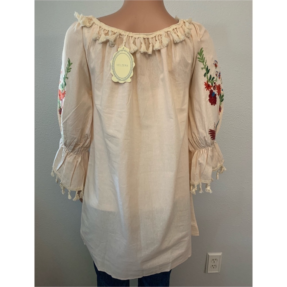 Tan Embroidered Floral, Bird Design and Ruffled, Tasseled 3/4 Sleeve Tunic - Picture 8 of 14